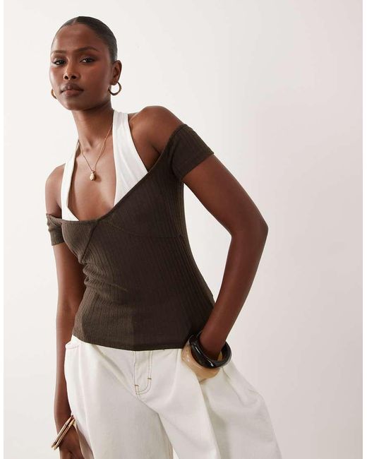 ASOS Natural Ribbed Double Layer Halter Neck Top