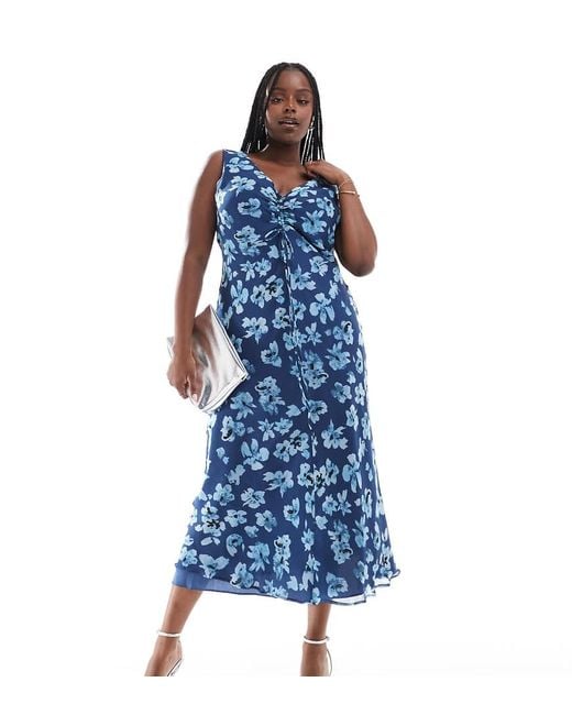 Vestido Midi Azul Con Estampado Floral, Cuello De Pico Y Detalle Fruncido En El Pecho De Asos Design Curve ASOS de color Blue