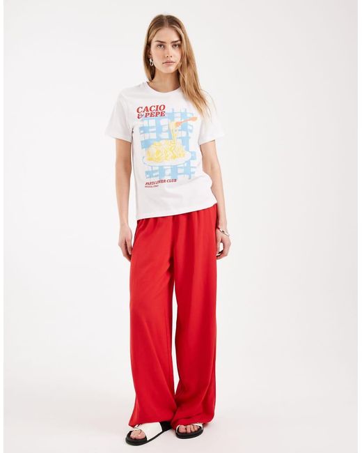 ONLY Red Regular Fit T-shirt With Pasta Print