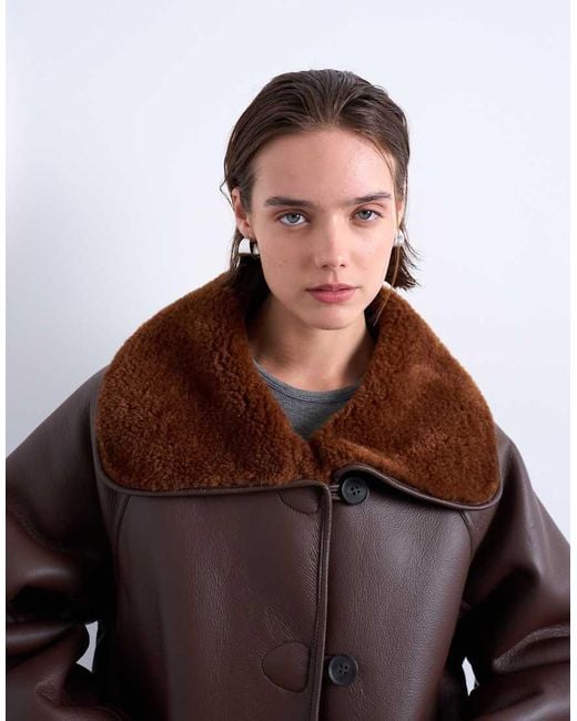TOPSHOP White Shearling Oversized Reversible Coat With Button Loop