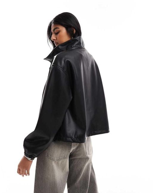ASOS Black Leather Look Ruched Funnel Neck Bomber Jacket