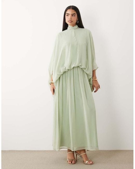DASKA Green Chiffon High Neck Blousson Maxi Dress