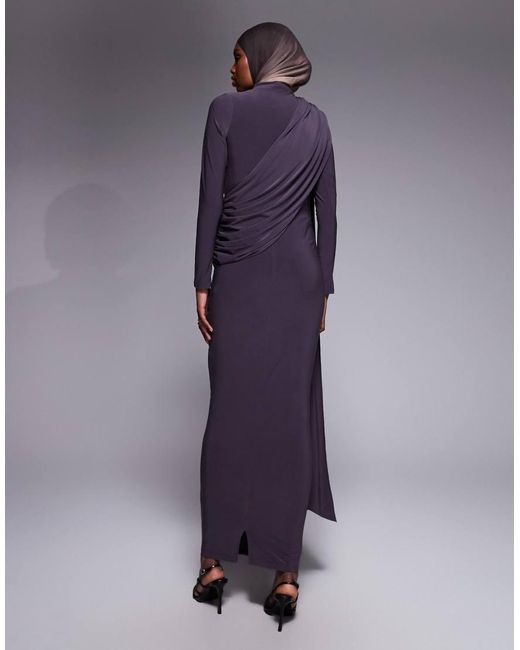 ASOS Blue Long Sleeve Slinky Draped Maxi Dress