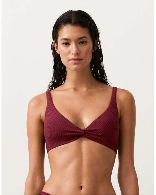 Oysho Red Mini Check Jacquard Bikini Top