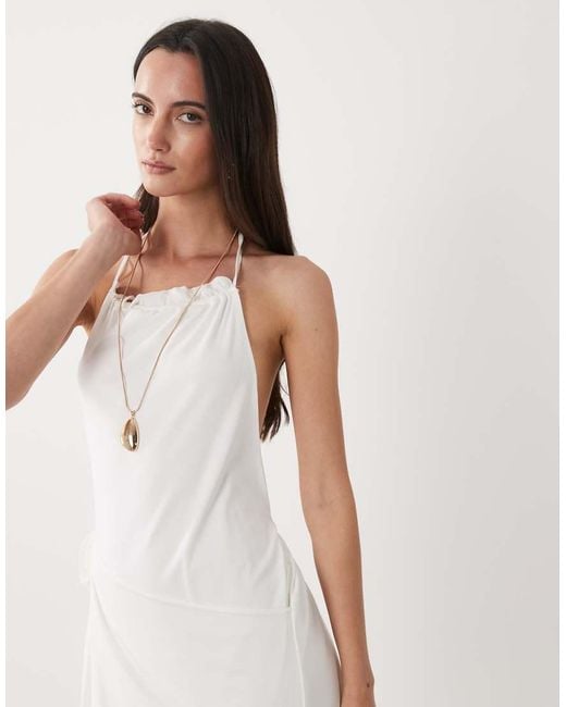 SNDY'S White Cotton Blend Halterneck Low Back Side Drape Detail Maxi Dress