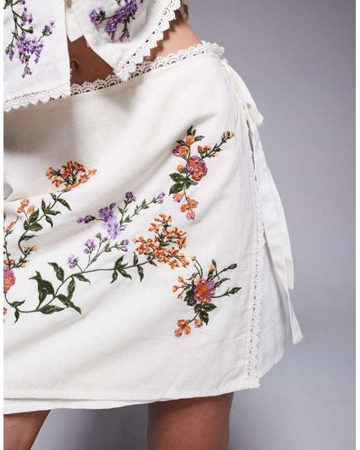 River Island White Embroidered Linen Wrap Skirt Co Ord