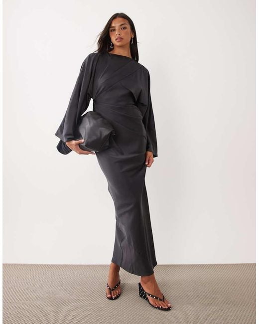 ASOS Black Draped Long Sleeve Cross Front High Neck Satin Maxi Dress