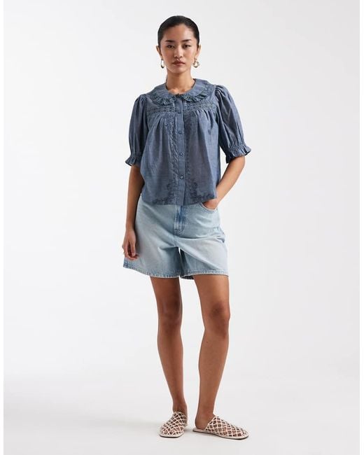 Miss Selfridge Blue Chambray Peter Collar Blouse With Lace Detail