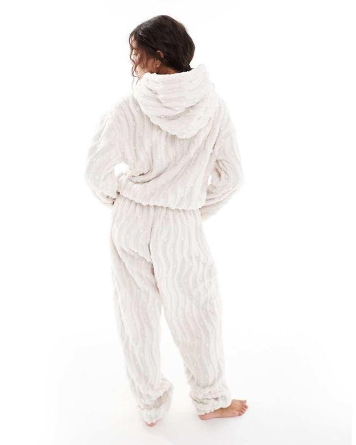 Loungeable White Wavy Popcorn Fleece Wide Leg Trouser Co-ord