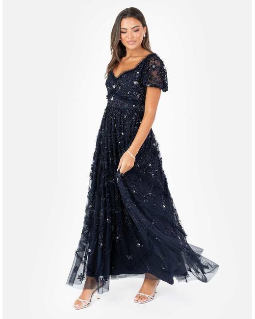 Maya Blue Floral Embellished Sweetheart Neck Maxi Dress