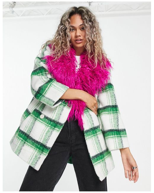 Native Youth Double Breasted Coat With Contrast Collar in Green