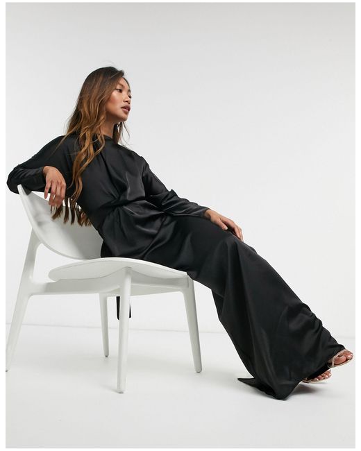 ASOS Black Satin Maxi Dress With Batwing Sleeve And Wrap Waist