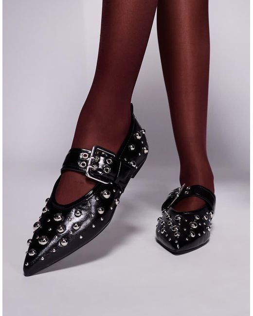 River Island Brown Pointed Mary Jane Ballet Flats With Studded Detail