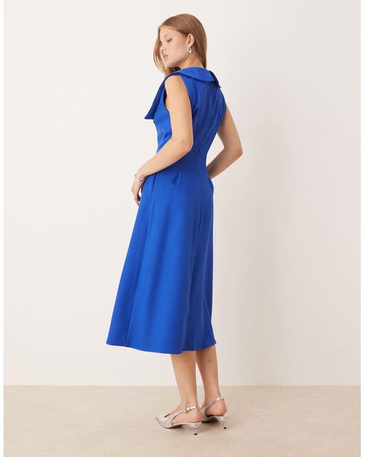 Sister Jane Blue Open Collar Diamonte Button Midi Dress