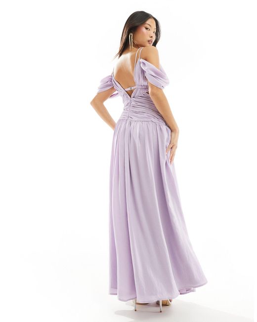 Vestido largo fruncido con hombros caídos y aberturas ASOS de color Purple