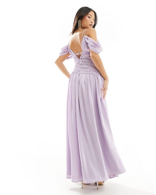 ASOS Purple Asos Design Petite Ruched Fallen Shoulder Cut Out Maxi Dress