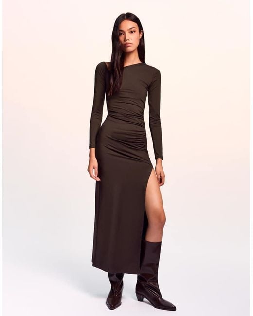 Bershka Natural Asymmetric Long Sleeve Midi Dress