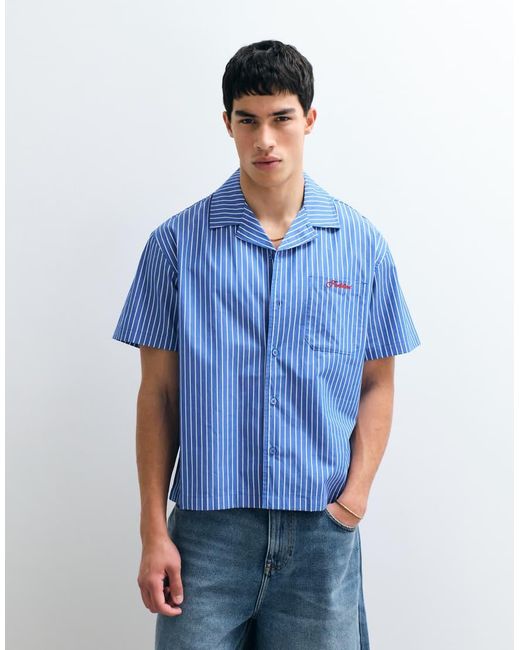 Prohibited Blue Short Sleeve Revere Collar Stripe Shirt for men