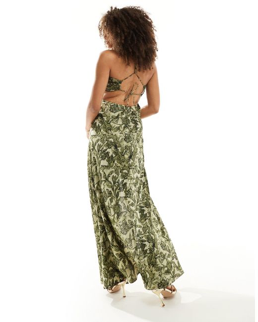 ASOS Green Satin Chiffon Mix Gathered Cut Out Maxi Dress With Tie Back