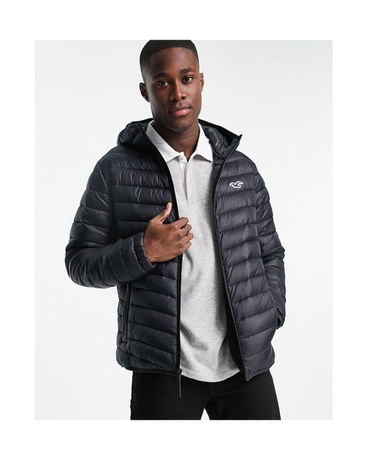 Hollister Icon/tape Logo Hooded Narrow Channel Lightweight Puffer Jacket in  Black for Men