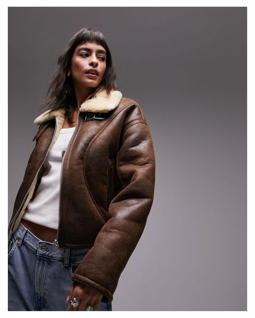 TOPSHOP Brown Faux Leather Shearling Cropped Aviator Jacket With Seaming Detail