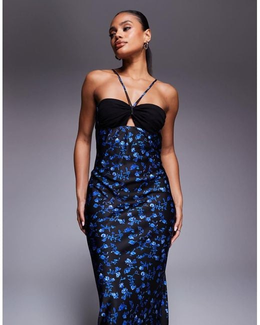 ASOS Blue Satin Strappy Halter Maxi Dress With Contrast Bust