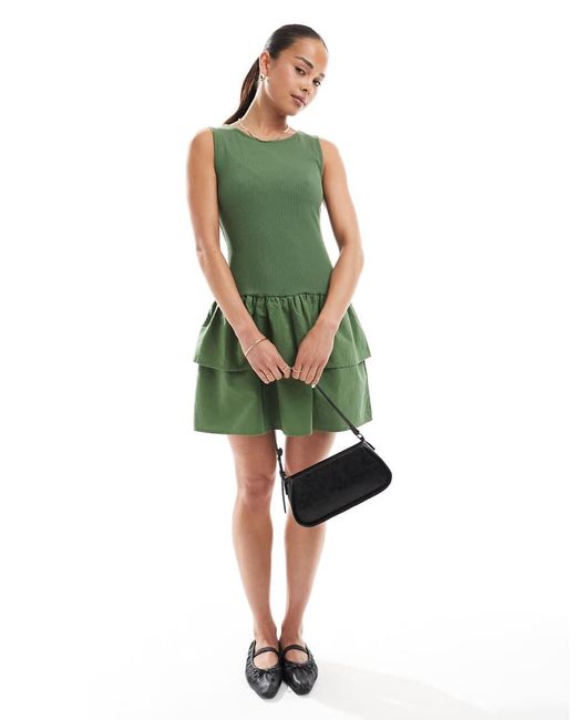 New Look Green Jersey Ribbed Tiered Skirt Mini Dress