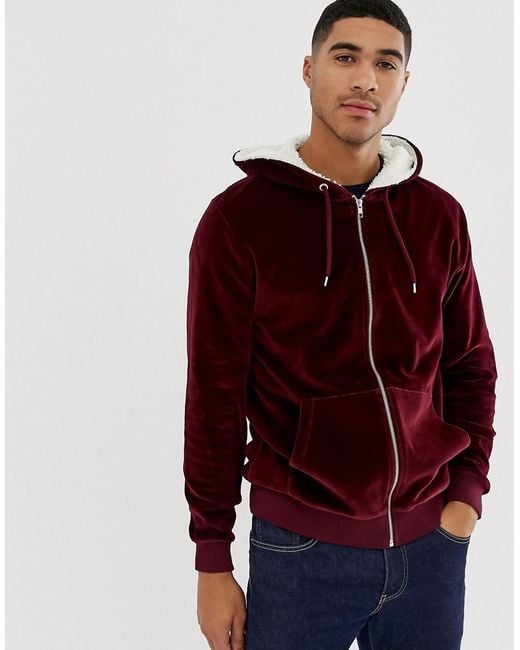 ASOS Red Zip Up Hoodie In Velour With Fleece Hood In Burgundy for men