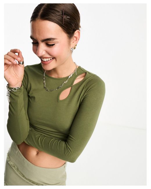 Cotton On Green Cotton On Cut Out Detail Long Sleeve Crop Top