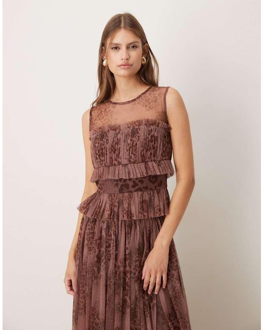 LACE & BEADS Brown Bandeau Detail Mesh Top