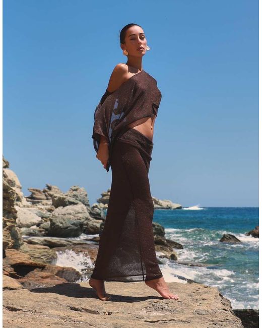 SIMMI Brown Foldover Sheer Knit Maxi Skirt