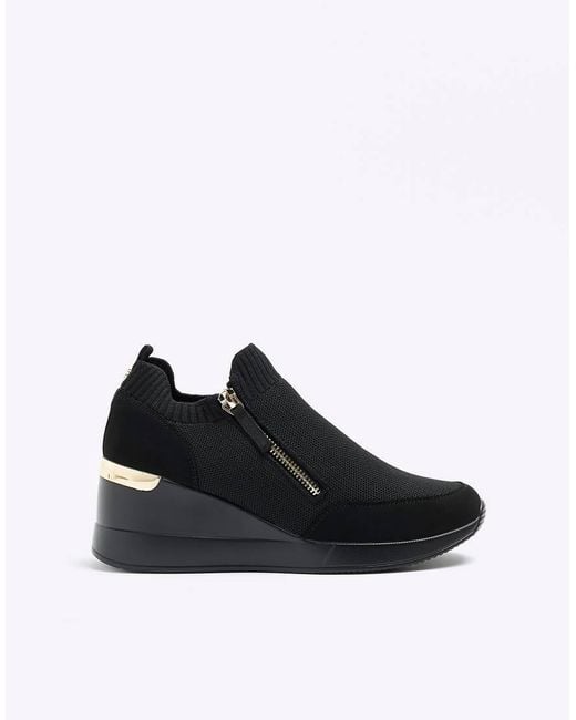River Island Black Slip On Wedge Trainers