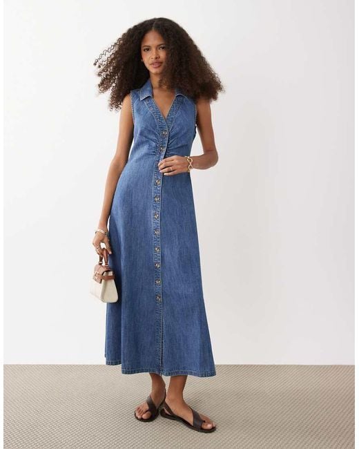 New Look Blue Sleeveless Ruched Denim Midi Dress