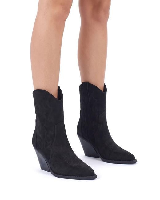 SEQWL Black Western Embroidered Calf Boots With Curved Block Heel
