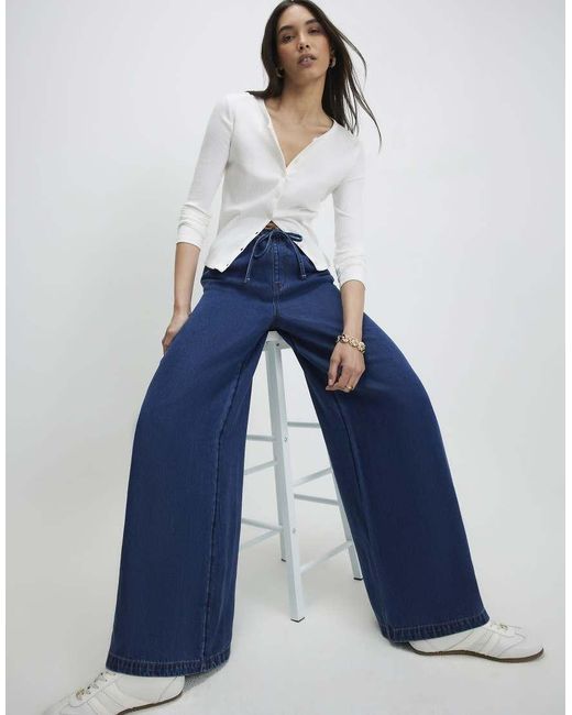 River Island Blue High Waisted Drawstring Wide Leg Jeans
