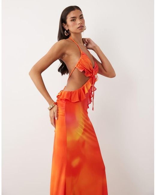 Wanderdoll Red Lola Halterneck Ruffle Cut Out Detail Maxi Dress