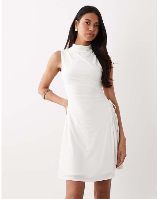 Kaiia White Exclusive Double Layered Slinky High Neck Long Sleeve Tie Side Skater Mini Dress