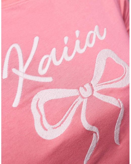 Kaiia Pink Embroidered Bow Logo Crew Neck Short Sleeve Crop Top