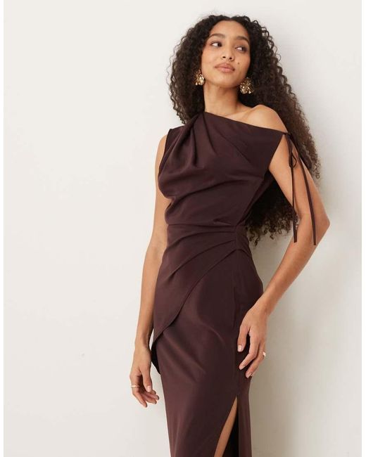 ASOS Natural Fallen Shoulder Tie Detail Slinky Midi Dress