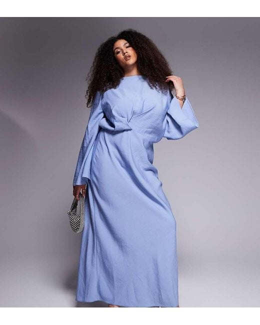ASOS Blue Asos Design Curve Long Sleeve Tucked Waist Bias Satin Maxi Dress