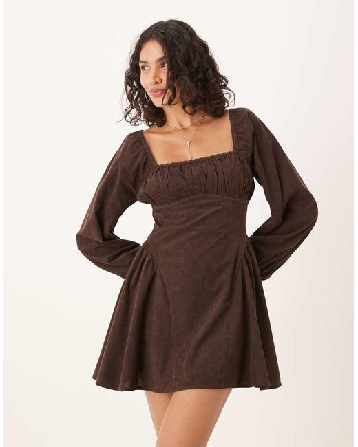ASOS Natural Cord Square Neck Gather Bust Mini Dress With Volume Sleeve And Lace Trims