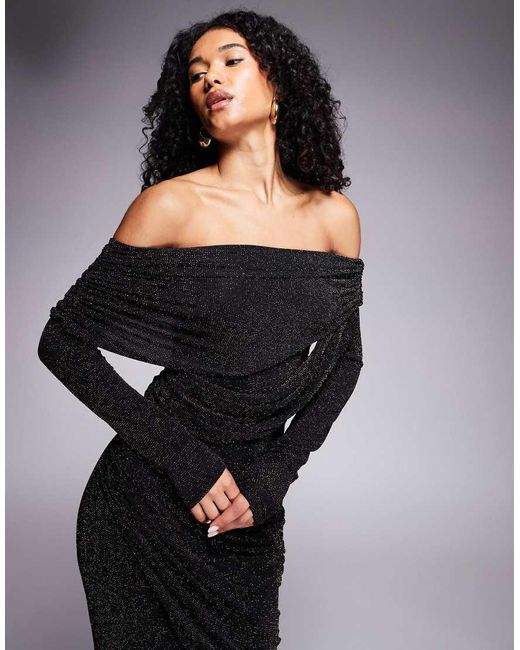 Goddiva Blue Off The Shoulder Gathered Panel Sparkle Maxi Dress