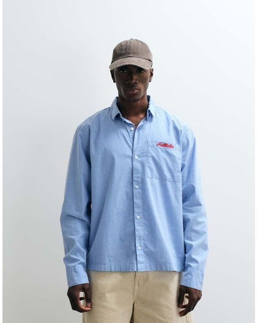 Hollister Blue Embroidered Logo Long Sleeve Poplin Shirt for men