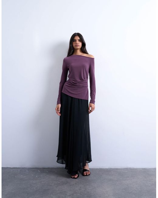 TOPSHOP Purple Cupro Off Shoulder Ruched Long Sleeve Top