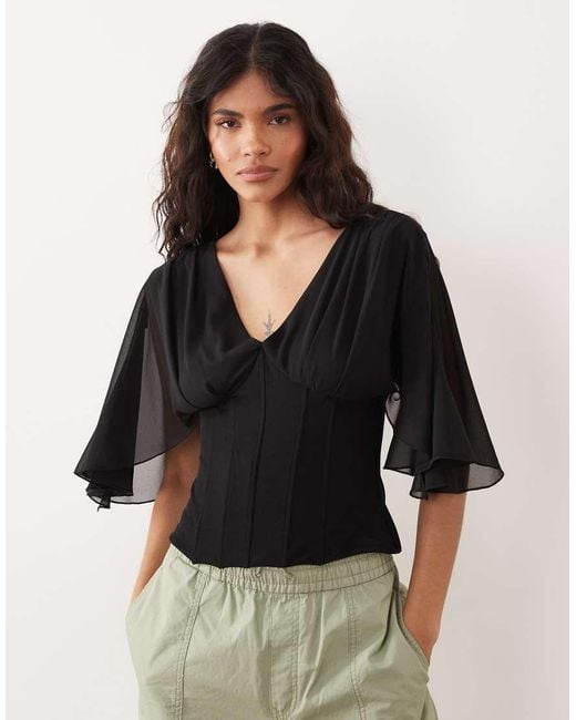 Gina Tricot Black V Neck Floaty Sleeves Corset Top