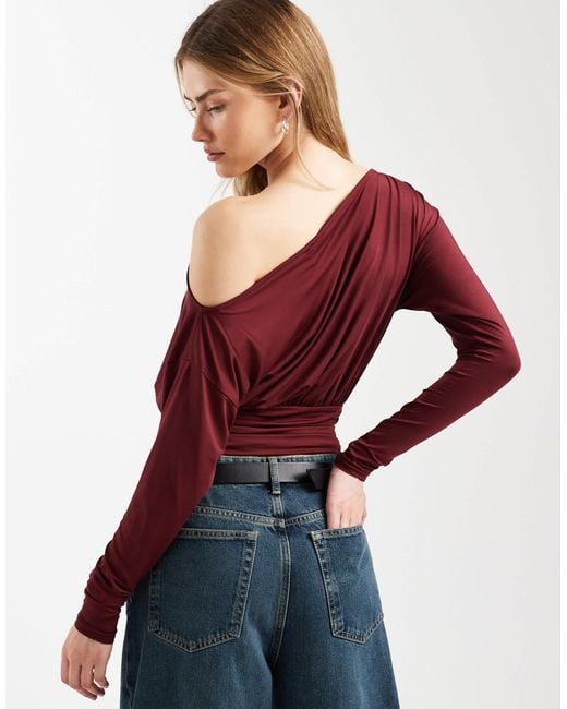 ASOS Red Slinky Off Shoulder Long Sleeve Top With Cinch Waist Detail