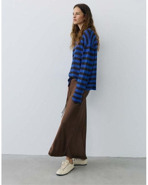 Pull&Bear Blue Satin Drawstring Midi Skirt
