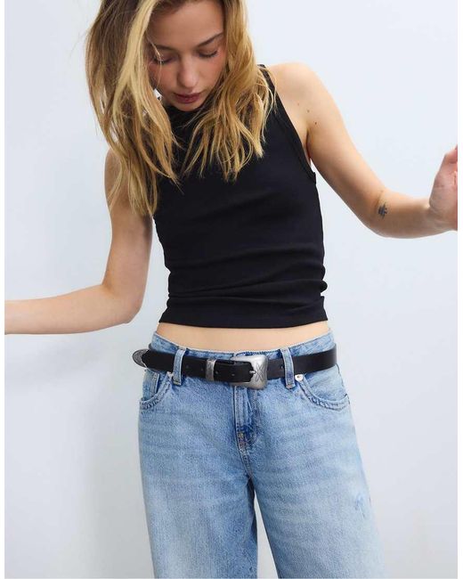 Stradivarius White Basic Cowboy Buckle Belt