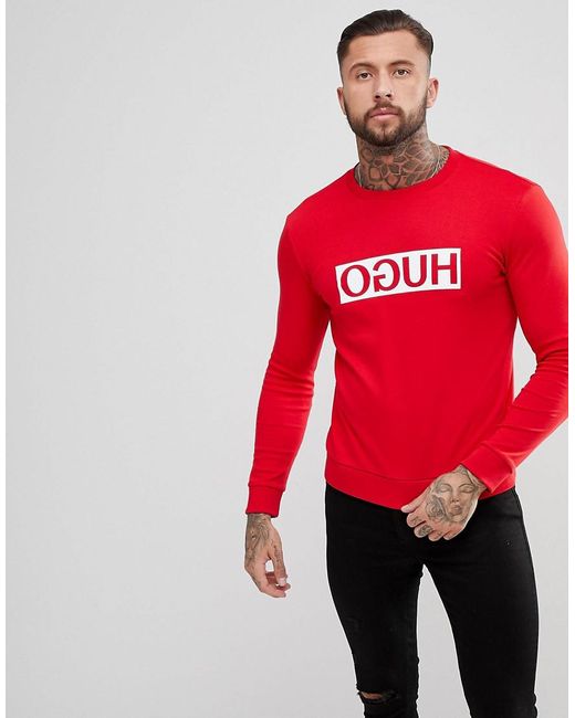 Sweat-shirt ras de cou avec logo à l'envers HUGO pour homme en coloris Red
