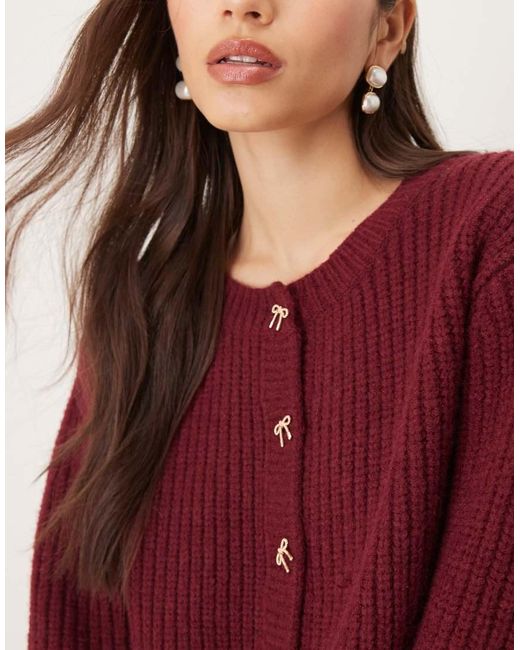 Lovedrobe Red Bow Button Detail Round Neck Cardigan